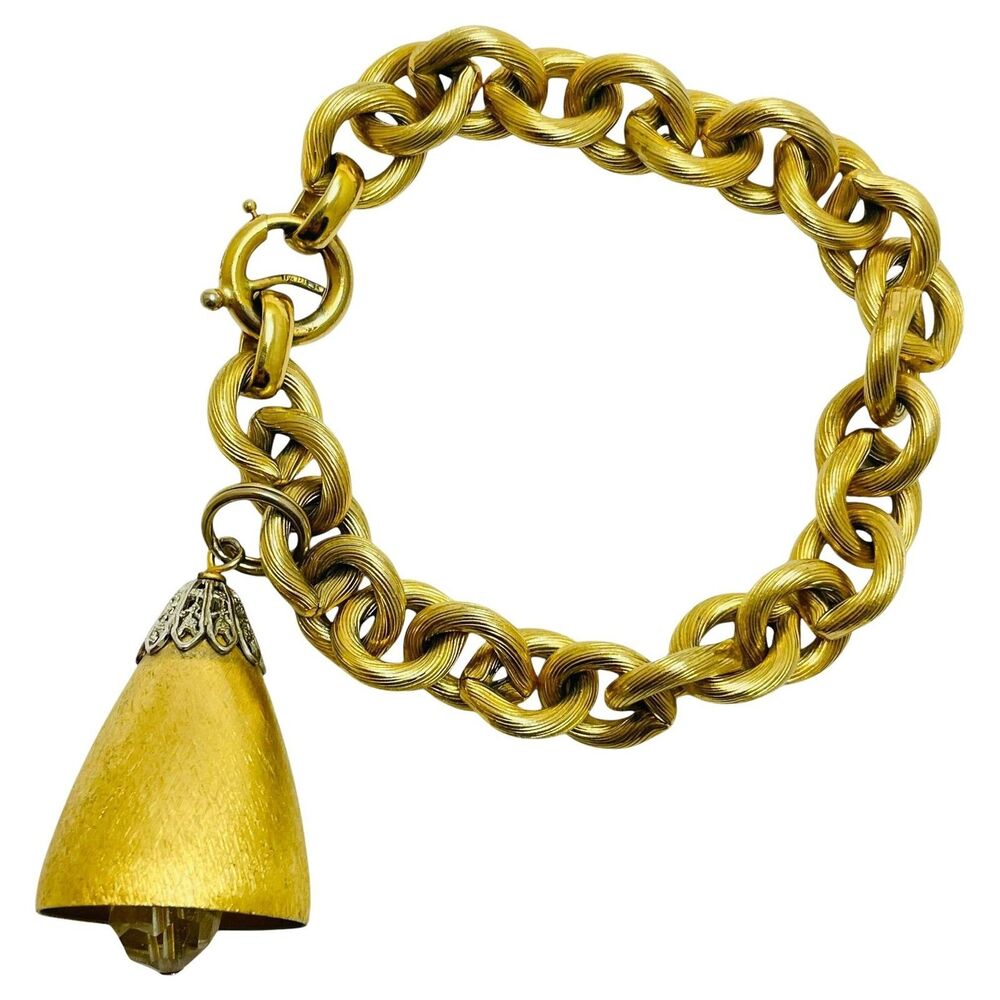 Vintage NAPIER signed gold tone bell charm chain designer bracelet